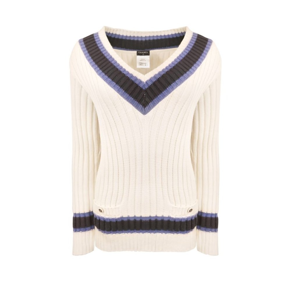 CHANEL Resort 2014 CC Logo V-Neck Varsity Sweater